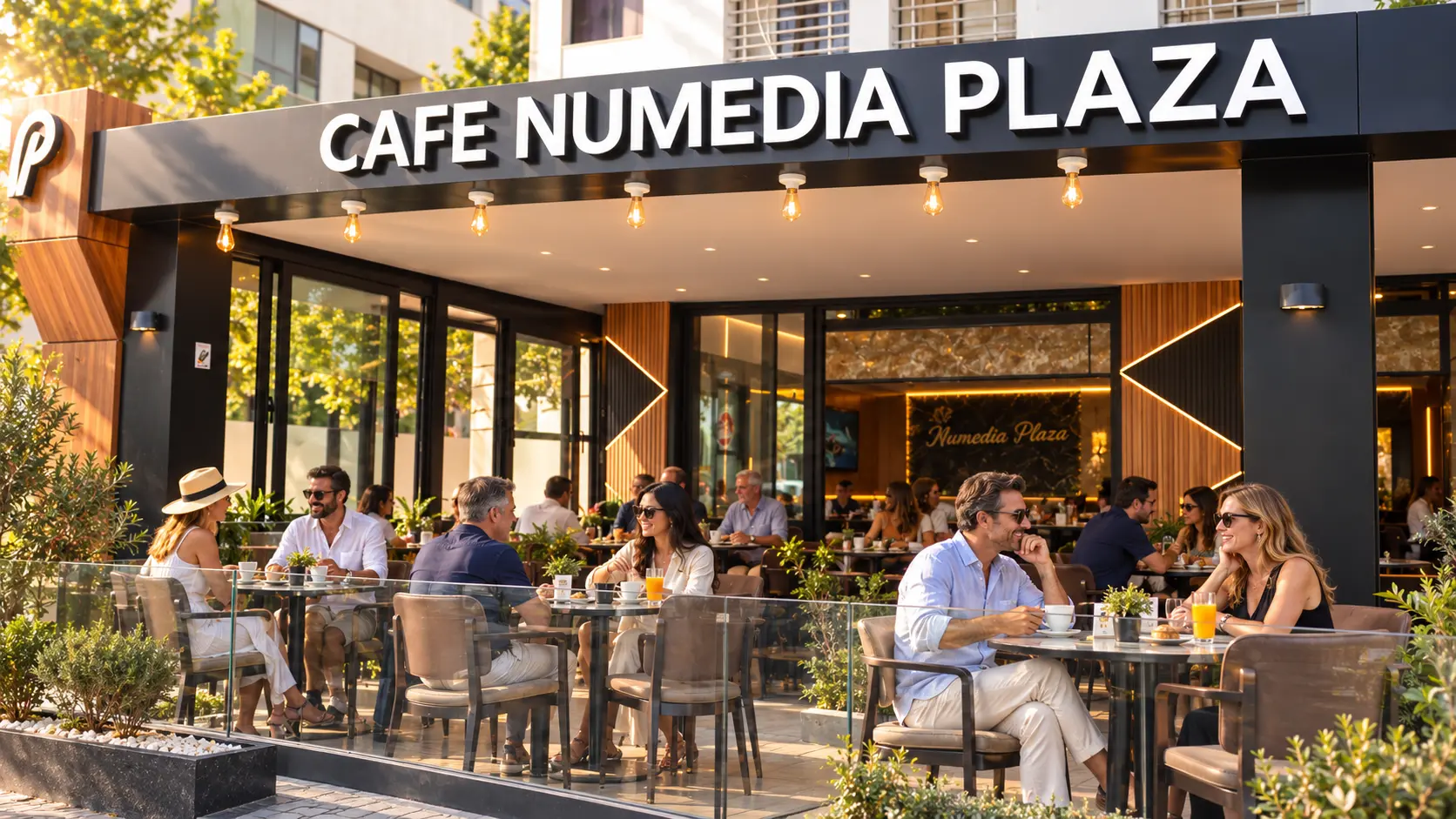Façade et terrasse de Numedia Plaza Café Restaurant